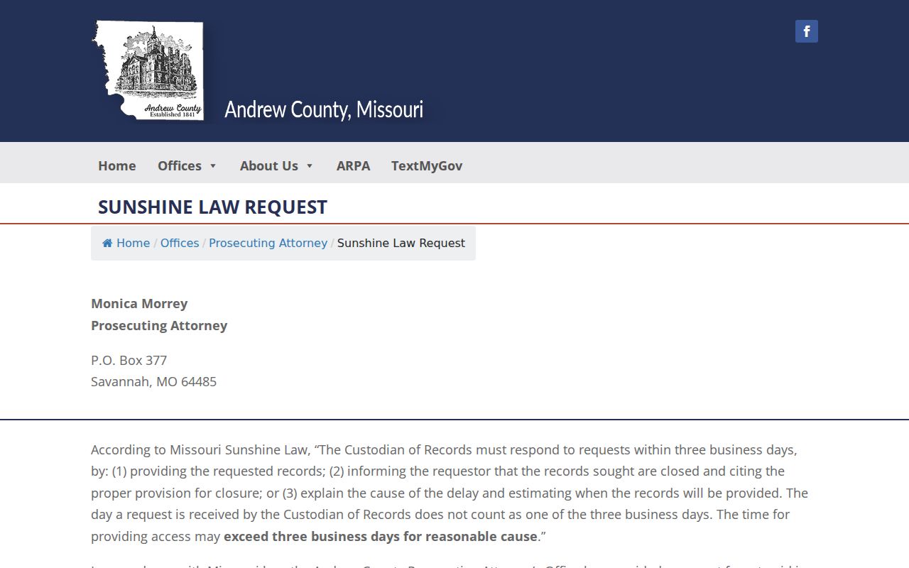 Andrew County Sunshine request response and fee instructions