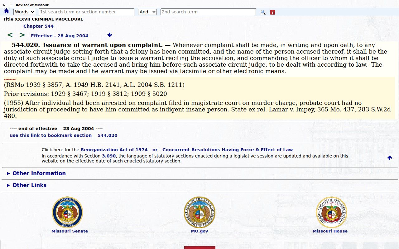 Missouri complaint oath and arrest warrant statute