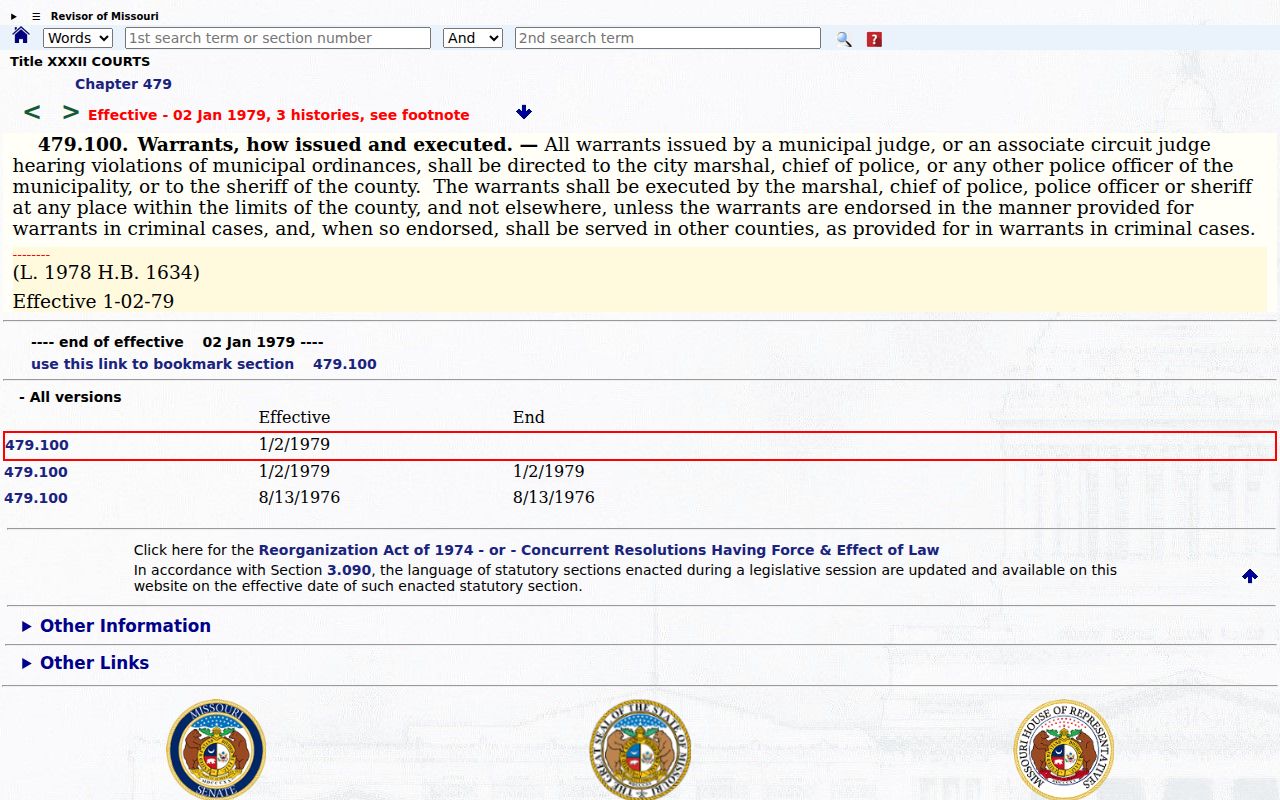 Missouri warrant recipients and execution statute