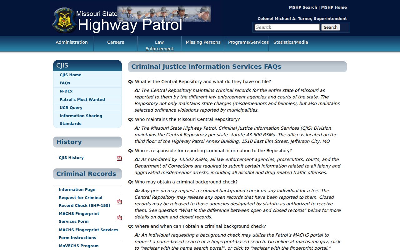 Missouri notice that no public statewide warrant search is offered