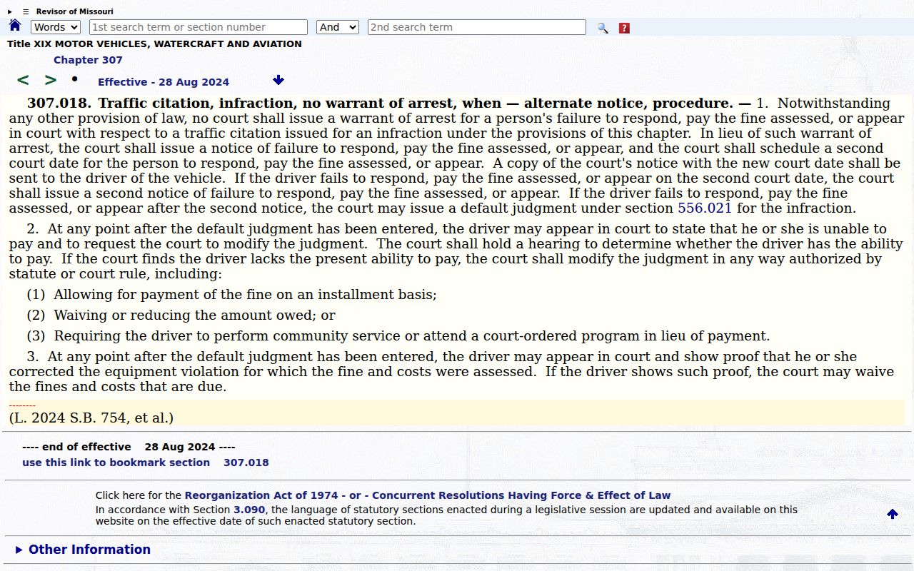 Missouri traffic infraction notice and warrant restrictions