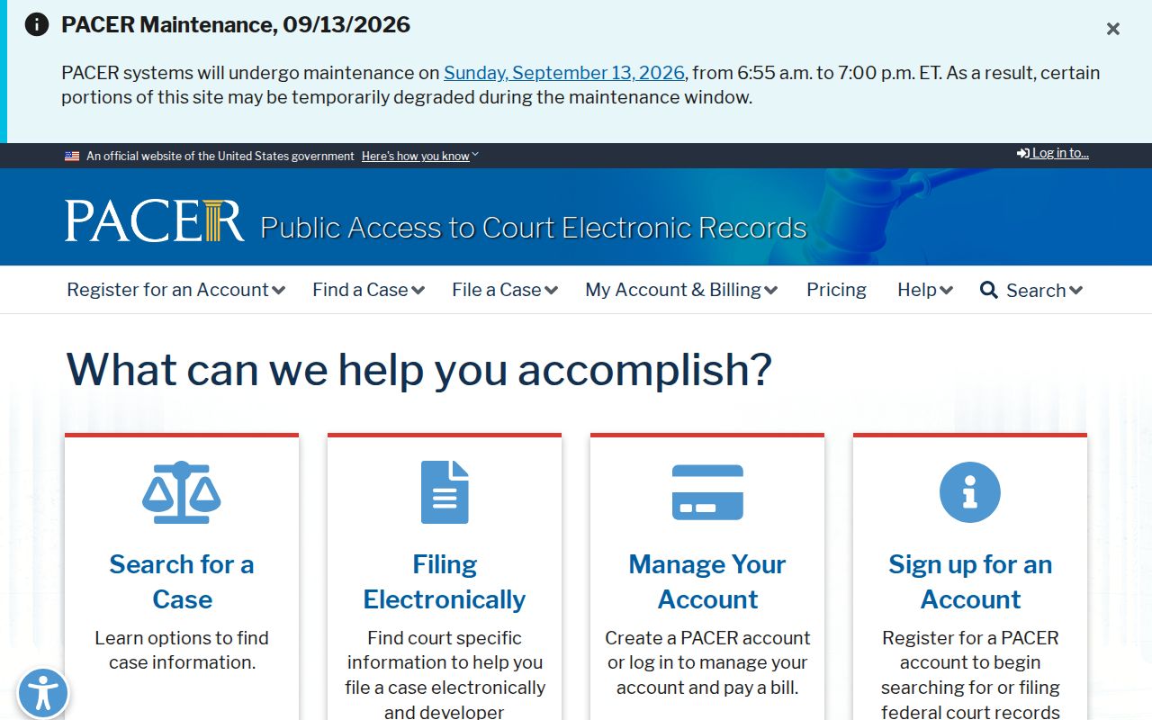 PACER account search and payment notice